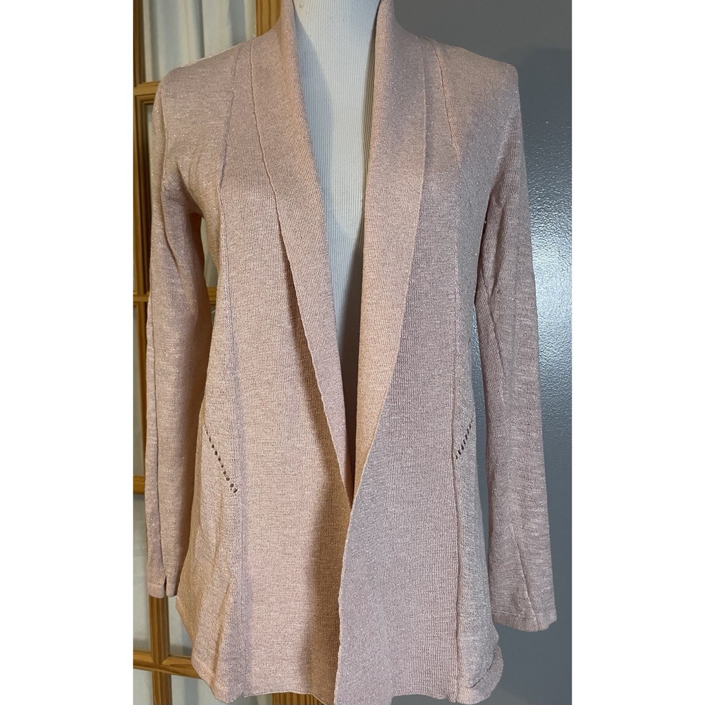 Chicos Open From Drape Cardigan Sweater Sz 4 Metallic Pink Lace Trim Ribbed Back